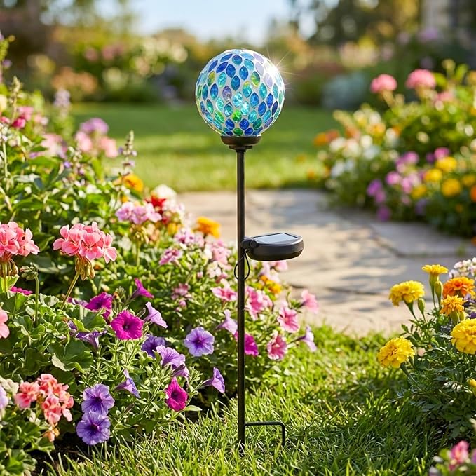 VCUTEKA Solar Lights Outdoor Decorative - Waterproof Mosaic Solar Garden Light, LED Pathway Stake for Landscape Lawn Patio Yard, Solar Globe Lights Outdoor, 1 Pack Green Yellow