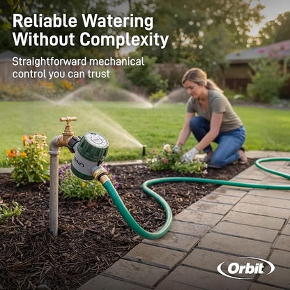 Orbit Mechanical Water Timer - Adjustable Irrigation Shutoff for Lawn & Garden Watering - Battery-Free Clockwork Hose Faucet Timer with Easy Grip Dial & Manual Bypass - 62034