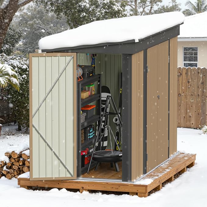 Greesum 8x4FT Outdoor Storage Shed, Metal Shed with Triple Lockable Door, Utility Tool Storaged Garden Shed with Slopping Roof for Patio Storage, Brown