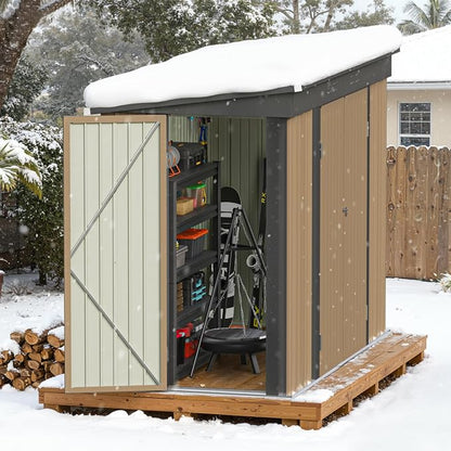 Greesum 8x4FT Outdoor Storage Shed, Metal Shed with Triple Lockable Door, Utility Tool Storaged Garden Shed with Slopping Roof for Patio Storage, Brown