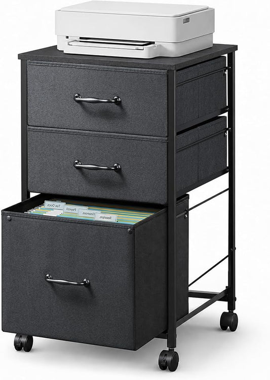 DEVAISE Mobile File Cabinet, Rolling Printer Stand with 3 Drawers, Fabric Vertical Filing Cabinet fits A4 or Letter Size for Home Office, Black