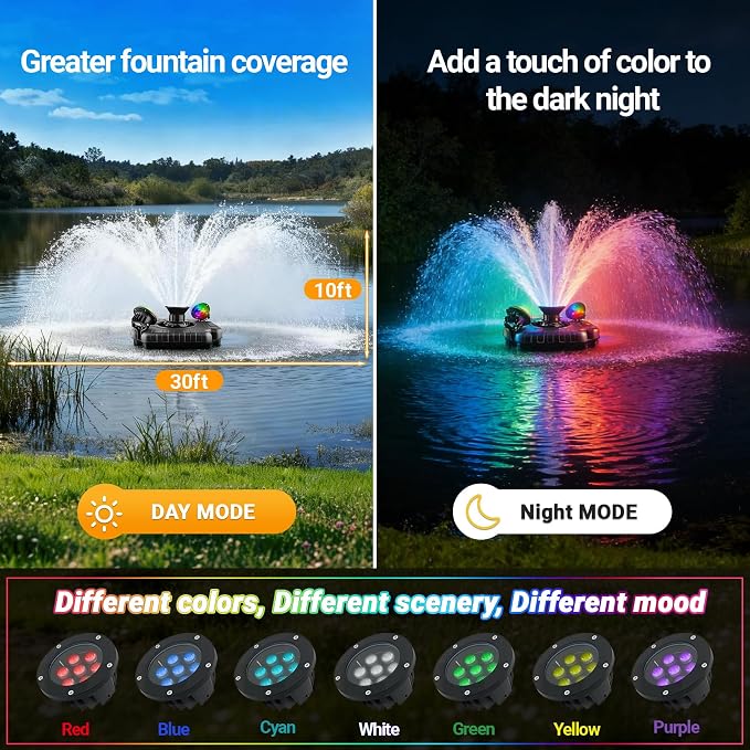 Pond Fountain Aerator with Lights, Dynamic RGB Light 1HP 750W Floating Fountain for Pond Lake, 110V 15000 GPH Fully Automatic Stainless Steel Fountain Pump 100Ft Cord with 2 LED Lights and Nail, Rope