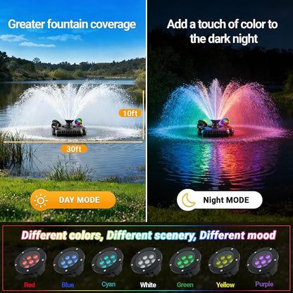 Pond Fountain Aerator with Lights, Dynamic RGB Light 1HP 750W Floating Fountain for Pond Lake, 110V 15000 GPH Fully Automatic Stainless Steel Fountain Pump 100Ft Cord with 2 LED Lights and Nail, Rope