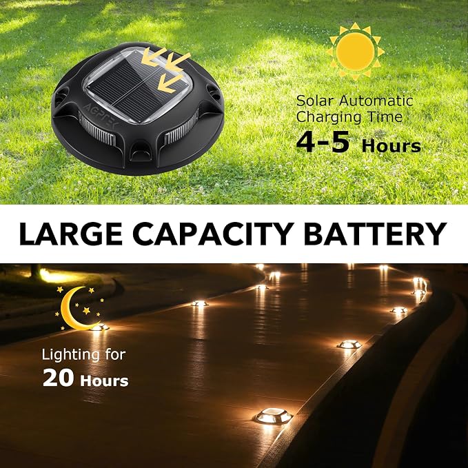 AGPTEK Solar Driveway Lights Outdoor 1 Pack, 2 Color Modes LED Deck Dock Marine Waterproof Driveway Marker Lights for Step Sidewalk Stair Garden Pathway Walkway Yard (Warm White/Cool White, Black)