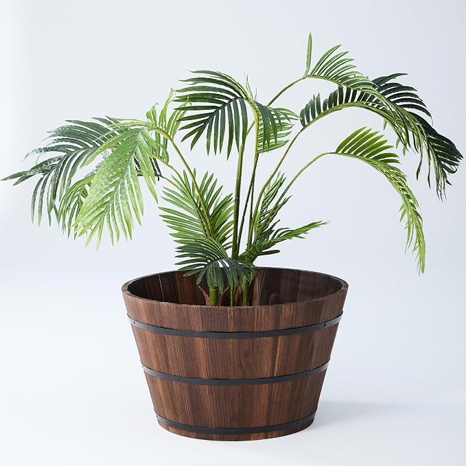 26-inch Wooden Barrel Planter, Perfect for Outdoor Plants, Whiskey-Style Garden Pot, Large Flower Container, Made of Sturdy Solid Wood, Suitable for Herbs, Succulents, and shrubs
