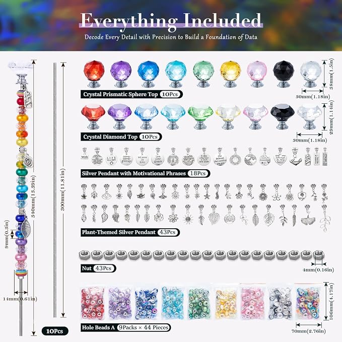 513Pcs DIY Beaded Garden Stakes, Fairy Wand Kit Garden Stakes Decorative with 18 Threaded Rod, Crystal Top, Large Holes Bead for Christmas Plants Garden Outdoor&Indoor Decorative（12IN）