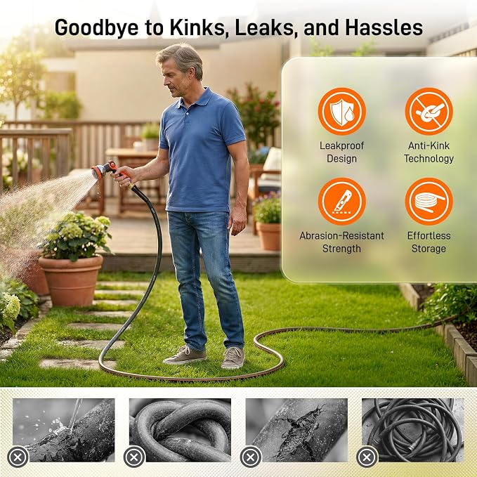 Garden Hose, 25ft 5/8" Heavy Duty Rubber Water Hose, 550 PSI Burst, 360° Anti-Kink Swivel Connectors, All-Weather Flexible, Leakproof 3/4" Brass Male to Female Fittings