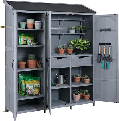 Merax Outdoor Wood Large Garden Storage Shed with Waterproof Roof, Patio 3 Doors Storage Cabinet with Workstation, 7 Storage Shelves, 2 Drawers and 6 Hooks for Backyard, Gray