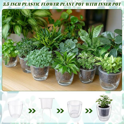 18pcs Self Watering Pots 3.5inch Plastic Flower Plant Pot with Inner Pot Self Watering Wick Planter White Clear Flower Pots for Indoor House Plants Herbs, Flowers, Succulents(Transparent)