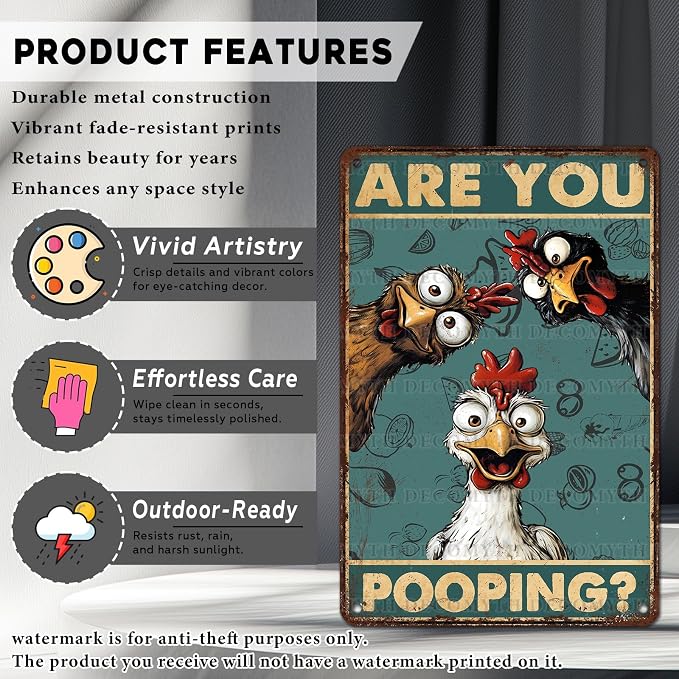 Vintage Chicken Tin Sign Are You Pooping Retro Bathroom Metal Poster Funny Wall Art Toilet Man Cave Bar Cafe Indoor Room Garage Store Office Farmhouse 12 * 8inch