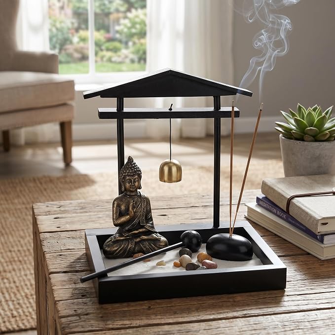 HEEPDD Desktop Zen Garden Kit with Buddha Statue, Incense Holder, Mallet, Rocks for Meditation, Yoga, Office Decor