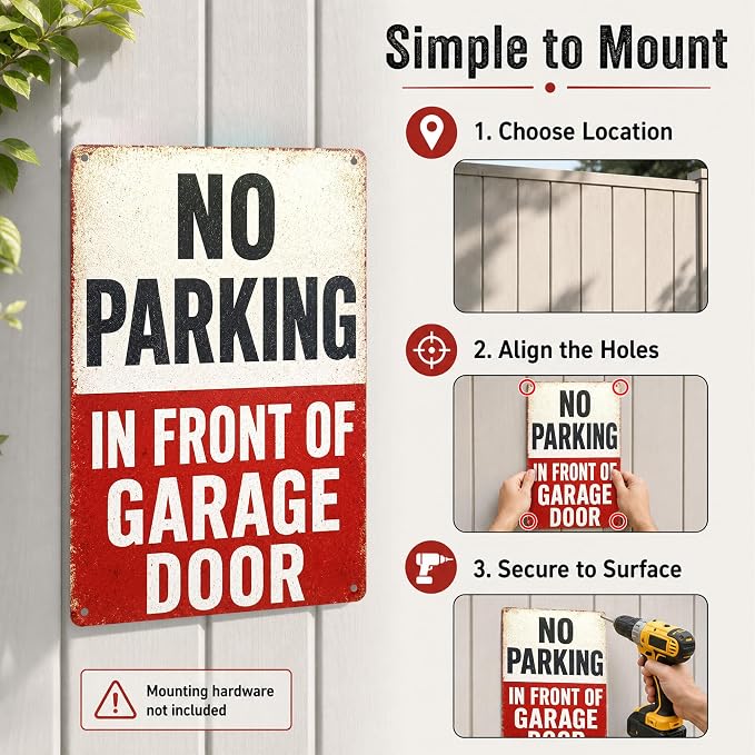 No Parking In Front of Garage Door Sign 12 x 8 Inch | Vintage Driveway Notice Sign for Garage, Carport, Gate, Workshop, Home Exterior Tin Sign Aluminum Metal Wall Decor