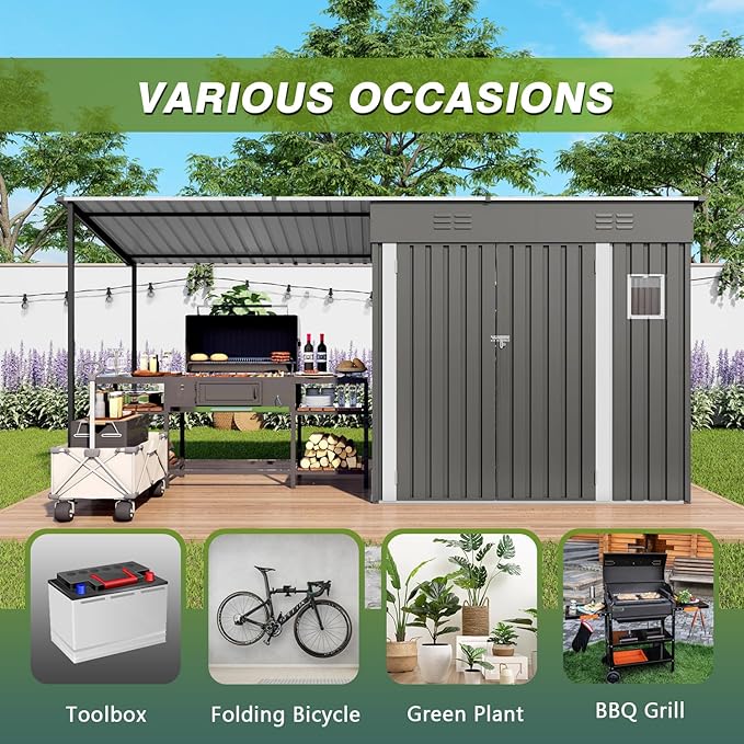 YOPTO 12x4 FT Metal Lean to Shed with Open-Sided Pergola,4x6 FT Outdoor Storage Shed & 6x4 FT Attached Hardtop Gazebo Combo,2-in-1 Durable Garden Tool Shed for Patio, Backyard, Deck,Gray