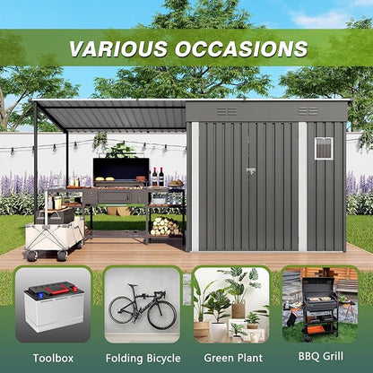 YOPTO 12x4 FT Metal Lean to Shed with Open-Sided Pergola,4x6 FT Outdoor Storage Shed & 6x4 FT Attached Hardtop Gazebo Combo,2-in-1 Durable Garden Tool Shed for Patio, Backyard, Deck,Gray