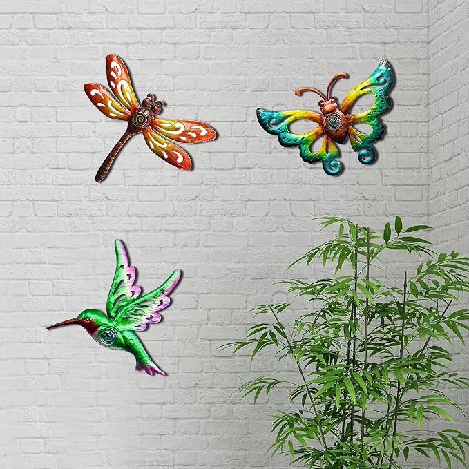 Hummingbird Butterfly Dragonfly Metal Wall Art, Hanging Wall decor Indoor | BVLFOOK; Ornament for Indoor Outdoor; 3 pack 9 inch; Living Room décor; Bedroom; Garden; Porch; Patio; Balcony
