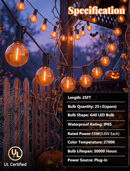 25 LED Outdoor String Lights, 25Ft Halloween Decoration Lights | Shatterproof Orange G40 Bulbs, Connectable, Plug in, UL Certified, Hanging Halloween Lights for Home Decor Patio