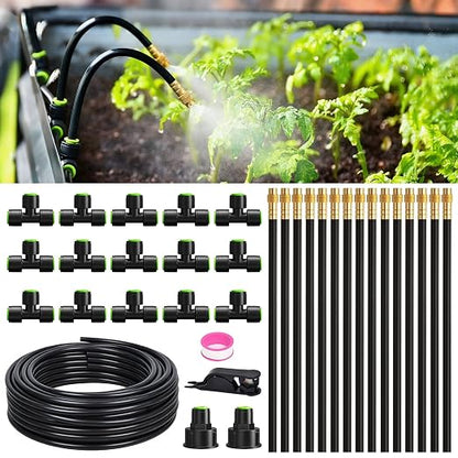 RAINPOINT 50FT Drip Irrigation System, Garden Watering Kit with 15pcs 360°Adjustable Copper Nozzles, Automatic Atomizing Watering Sprinkler System for Greenhouse, Lawn, Raised Beds, Outdoor Plants