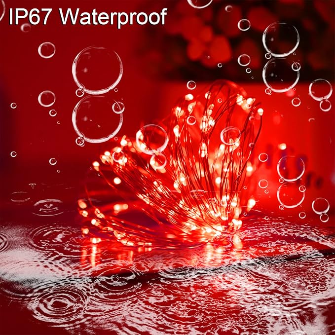 Red Solar Christmas String Lights Outdoor Waterproof, 2Pack Total 200Led 8 Modes Copper Fairy Lights, Solar Powered Outside Decorations for Valentines Day, Garden, Patio, Fence, Balcony