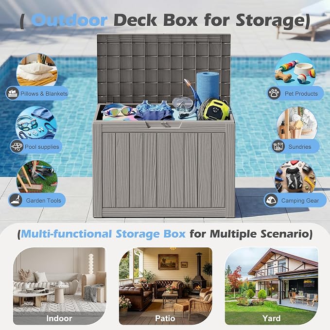 Outdoor Storage Box, 55 Gallon Resin Deck Boxes Outdoor Waterproof For Patio Furniture, Garden Tools, Pool Supplies, Lockable And UV Resistant (Striped Gray)