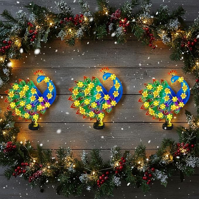 Metal Peacock Outdoor Wall Decor with 30 Led Solar Lights- 13.8" Outdoor Fence Wall Art Decor, Gift for Mom Grandma Women Birthday Gardening,Hanging Decoration for Garden Patio Porch Yard