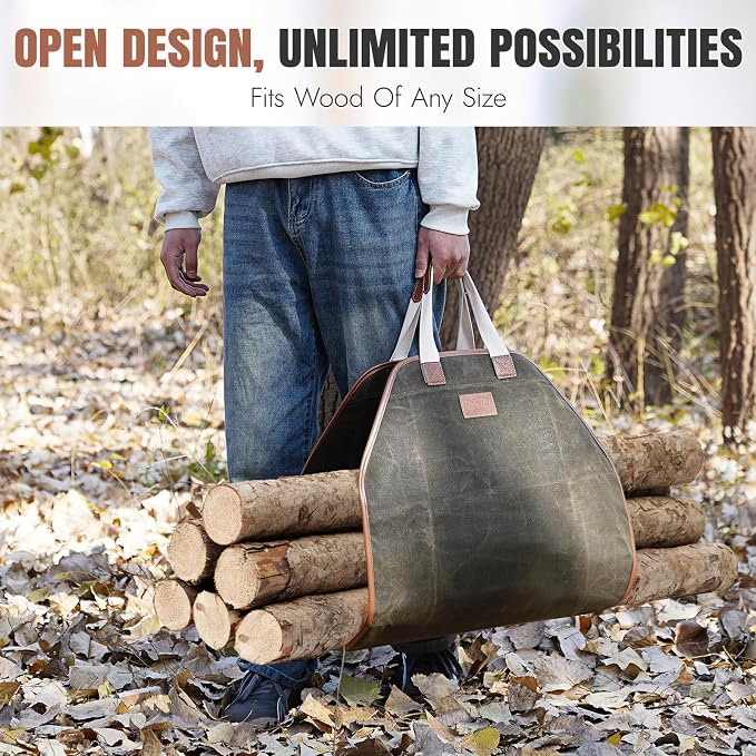 INNO STAGE Firewood Carrier - Enlarge Waxed Canvas Wood Carrier for Firewood, Heavy Duty Log Carrier Bag As Wood Stove Accessories (44" L x 21" W-Green)