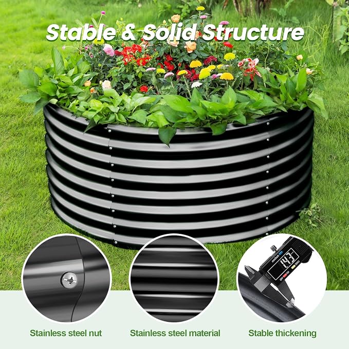 Land Guard 3×3×2ft Galvanized Raised Garden Bed Kit, Round Galvanized Planter Raised Garden Boxes Outdoor, Large Metal Raised Garden Beds for Vegetables, Grey