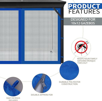 Gazebo Universal Replacement Mosquito Netting, Outdoor Mesh Netting Screen 4-Panel Sidewall with Zipper for Patio, Canopy, Garden and Backyard, Gray(Mosquito Net Only) (Blue, 10' x 12')