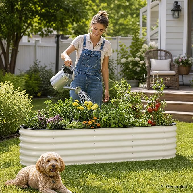 Aoodor 17" Tall Oval Galvanized Raised Garden Bed Kit, 6-in-1 Large Metal Outdoor Planter Box for Vegetables, Flowers, and Herbs, 7.5 x 2.3 x 1.5 Ft, Beige