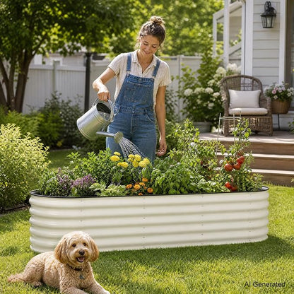 Aoodor 17" Tall Oval Galvanized Raised Garden Bed Kit, 6-in-1 Large Metal Outdoor Planter Box for Vegetables, Flowers, and Herbs, 7.5 x 2.3 x 1.5 Ft, Beige