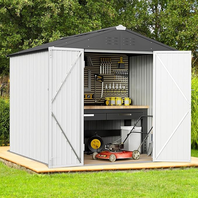 Greesum 6x4FT Outdoor Storage Shed, Utility Tool Shed Metal Storage Garden Shed with Door & Lock for Patio Storage, White