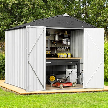 Greesum 6x4FT Outdoor Storage Shed, Utility Tool Shed Metal Storage Garden Shed with Door & Lock for Patio Storage, White