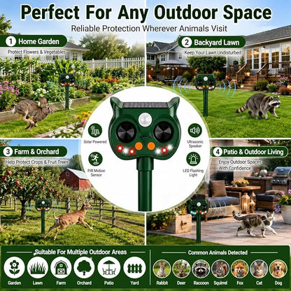 4Pack Solar Animal Repeller Outdoor, Sonic Fortress Pro Deer Repellent | Sensor & LED Flashing Lights, Solar Deer Rabbit Squirrel Raccoon Cat Repellent, IP65 Waterproof Garden Yard Protector