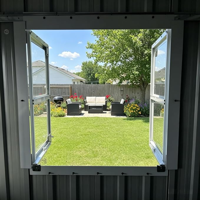 6x9 FT Outdoor Storage Shed with 2 Clear Openable Windows,Waterproof Metal Building Backyard Shed w/Windowsill & Garden Bed Flower Rack,Lockable Double Doors Tool Shed,Waterproof,for Yard,Gray