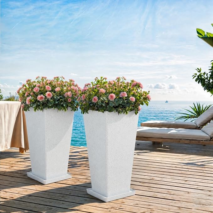 2-Pack 28" White Terrazzo Tall Tapered Planters with Drainage Holes | Set of 2 PP tall planters with white terrazzo finish, drainage plugs, and UV-treated surface for porch, patio, or indoors