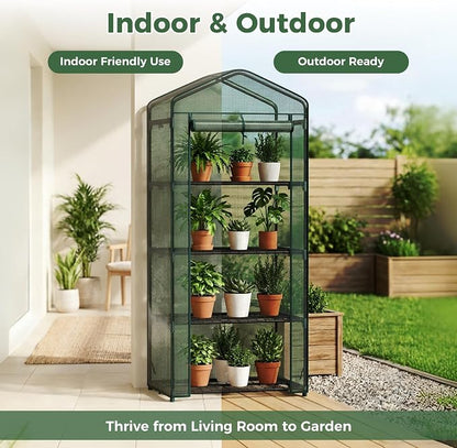 NEWBULIG Mini Greenhouse with Durable PE Cover Roll-up Zipper Door 4 Tier, 27"x19"x63" Small Greenhouse for Outdoors Indoor Balcony, Porch, Garden, Patio, Backyard Green Houses, Green