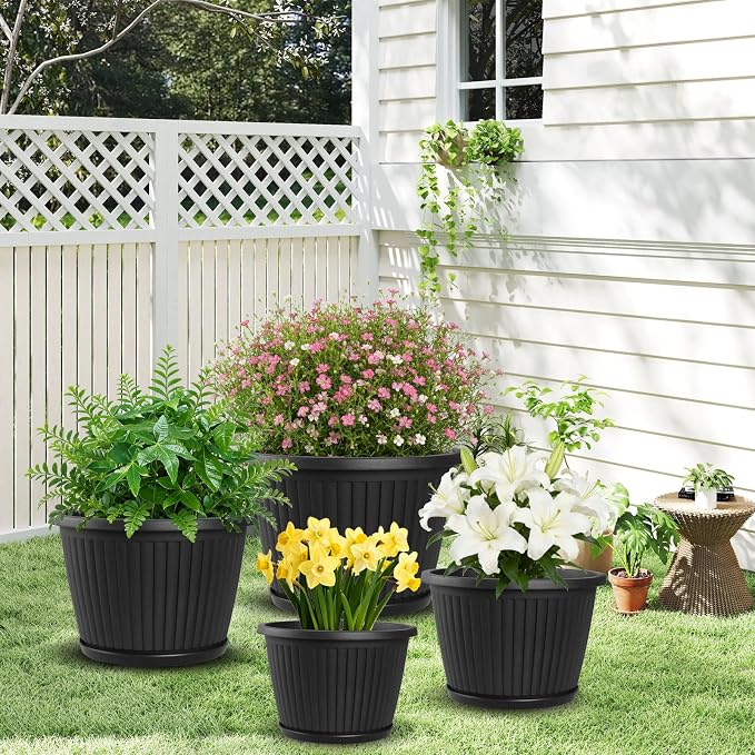 Fodetyff 10-inch-Plastic-Plant-Pots-with-Saucer, Flower Pots Containers for Indoor Outdoor Plants, Large Resin Planter with Drainage Holes and Saucers for Snake Plant Monstera