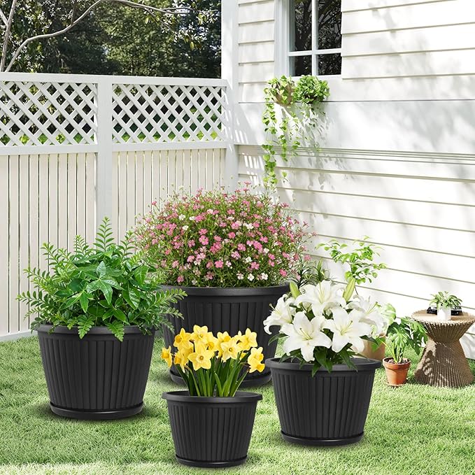 Fodetyff 12-inch-Plastic-Plant-Pots-with-Saucer, Flower Pots Containers for Indoor Outdoor Plants, Large Resin Planter with Drainage Holes and Saucers for Snake Plant Monstera