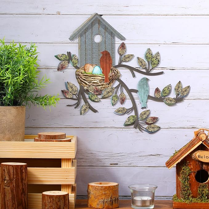 Peryiter Birds Wall Metal Decor Outdoor Art Hanging Metal Tree with Birdhouse for Living Room Tree Leaf Wall Decor for Indoor Outdoor Garden(Brown, Blue)
