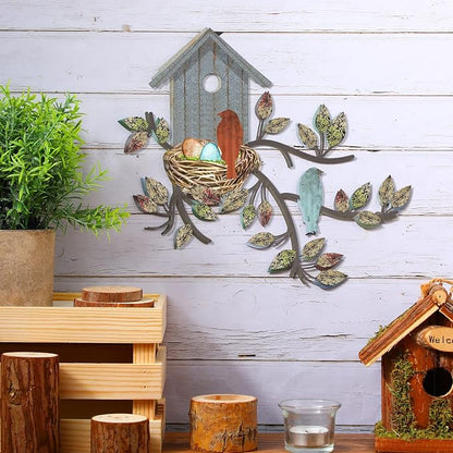 Peryiter Birds Wall Metal Decor Outdoor Art Hanging Metal Tree with Birdhouse for Living Room Tree Leaf Wall Decor for Indoor Outdoor Garden(Brown, Blue)