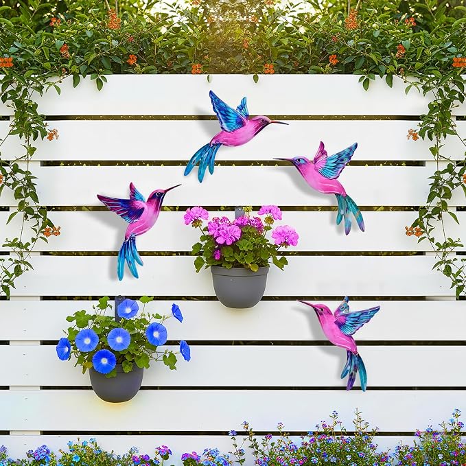 4 Pack Metal Hummingbird Wall Art Decor - 3D Colorful Birds Outdoor Wall Art,Hanging Decoration for Patio, Garden, Balcony and Fence (B)