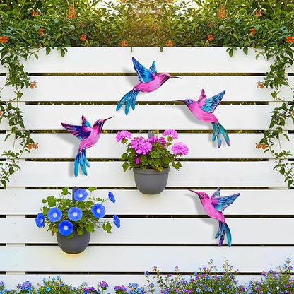 4 Pack Metal Hummingbird Wall Art Decor - 3D Colorful Birds Outdoor Wall Art,Hanging Decoration for Patio, Garden, Balcony and Fence (B)