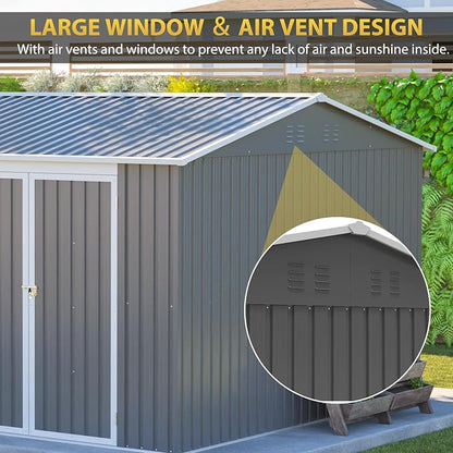 YOPTO 12x10 FT Outdoor Storage Shed, Large Metal Garden Tool Shed with Updated Frame Structure,Lockable Doors and Window,Ideal for Backyard Garden Patio Lawn, Grey