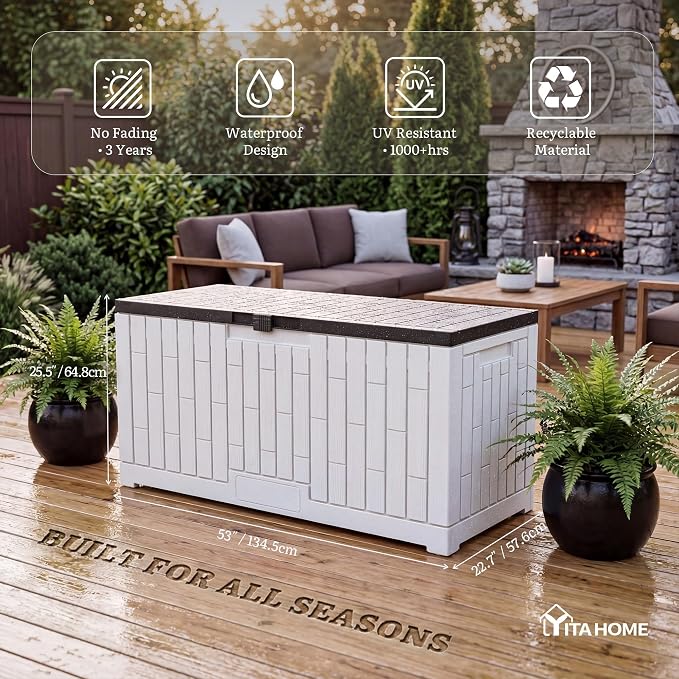 YITAHOME Large Deck Box 120 Gallon Resin Outdoor Storage Box | Patio Storage Bin for Outdoor Pillows, Garden Tools and Pool Supplies, Waterproof, Lockable, Grayish-White