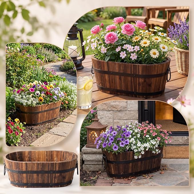 Canlierr 13.1 Inch Wooden Whiskey Barrel Planter Outdoor Large Rustic Flower Planter Pot with Handles and Drainage Holes Garden Balcony Plants for Garden Patio Yard Porch Brown