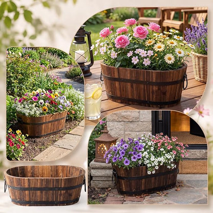 Canlierr 13.1 Inch Wooden Whiskey Barrel Planter Outdoor Large Rustic Flower Planter Pot with Handles and Drainage Holes Garden Balcony Plants for Garden Patio Yard Porch Brown
