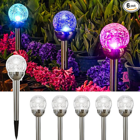 GIGALUMI Solar Outdoor, Cracked Glass Ball Solar Garden Lights, Color Changing Lights Outdoor,Garden LED for Path, Patio, Yard, 6 Pack Pathway | Cracked Glass Ball Outdoor Lights Solar Powered, Colored Solar Lights Outdoor Decorative Waterproof
