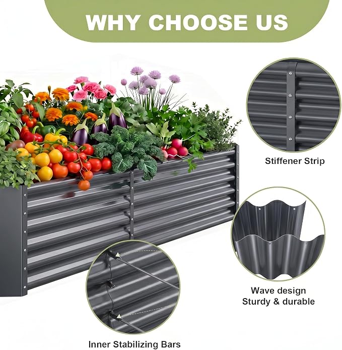 AHEONLAR 2 Pack 8×4×1.5ft Galvanized Raised Garden Beds Outdoor, Rectangle Sturdy and Durable Planter Boxes for Vegetables, Fruits, Flowers and Plants, Easy Assembly, Grey