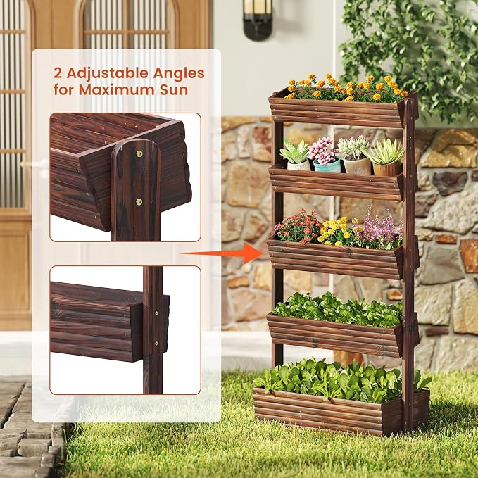 GHWIE Wooden Garden Planter Box, Raised Bed with Vertical Plant Rack, Indoor Outdoor Flower Herb Vegetable Stand (Carbonized, 5 Tier)