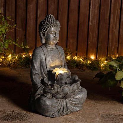 Glitzhome Buddha Fountain Outdoor with Pump & LED Light 23.25" H, 2-Tier Zen Style Concrete Meditating Buddha Statues Water Fountains Floor Fountains Buddhas Sculpture for Garden Patio Backyard
