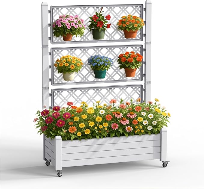 PatioZen Raised Garden Bed with Trellis, 21 Gallon Self Watering Planter Box with Lockable Wheels & Drainage Holes for Climbing Plants Vegetables Flowers, Anti-Rust Resin for Backyard Patio (Ashen)